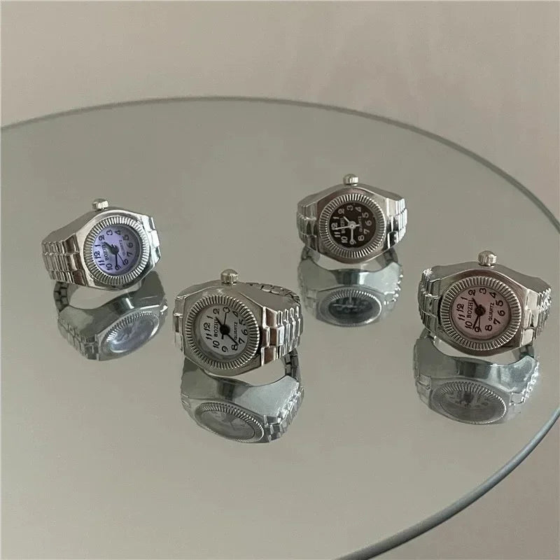 Colorful Watch Ring Men Retro Sliver Pointer Quartz Clock.