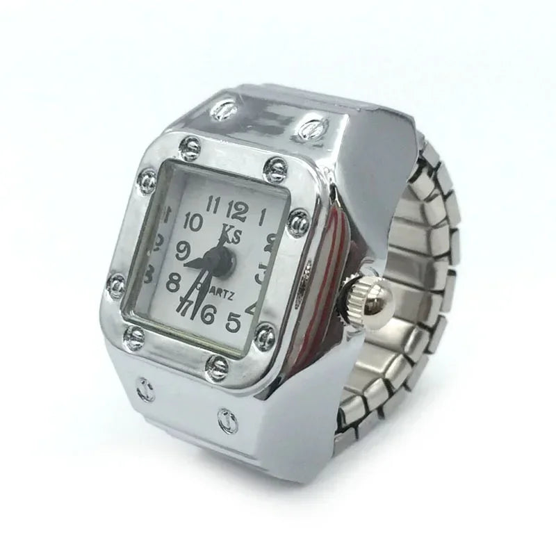 Colorful Watch Ring Men Retro Sliver Pointer Quartz Clock.