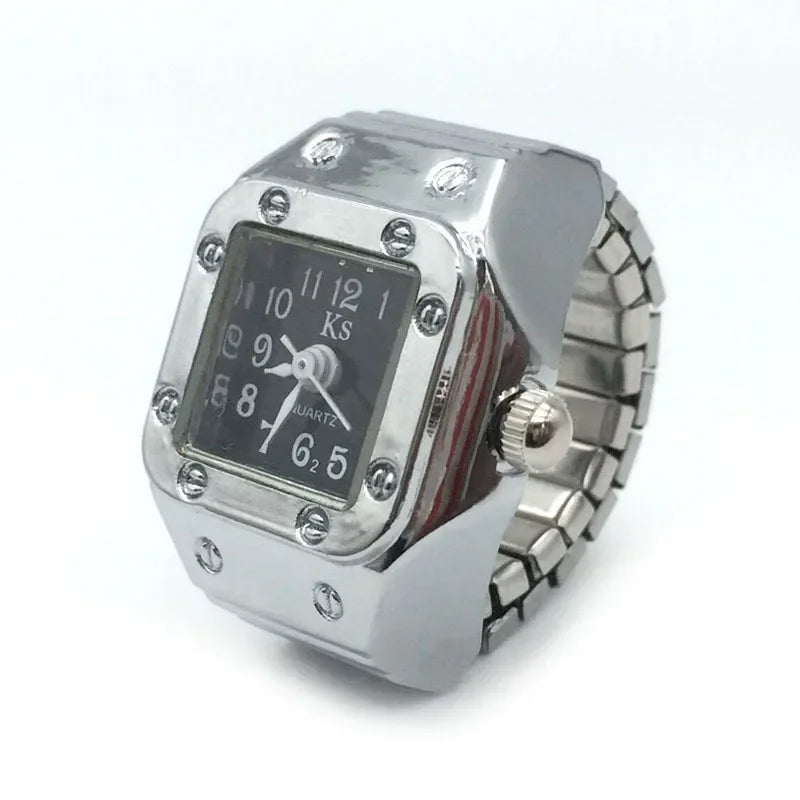 Colorful Watch Ring Men Retro Sliver Pointer Quartz Clock.
