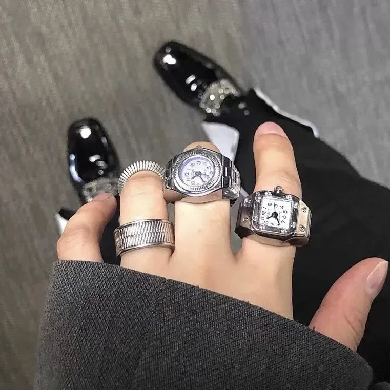 Colorful Watch Ring Men Retro Sliver Pointer Quartz Clock.