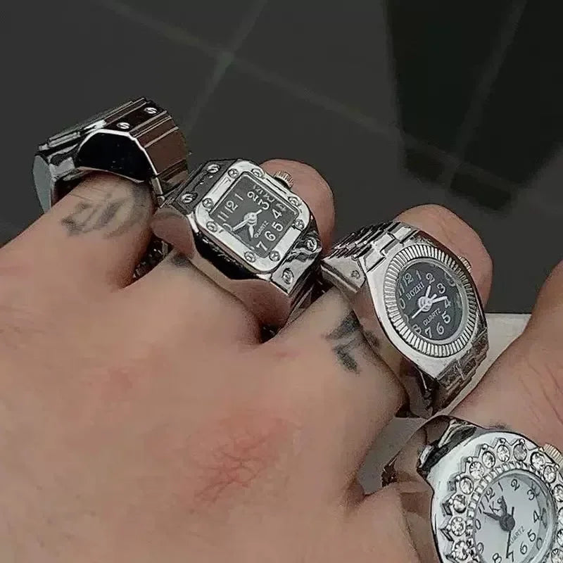Colorful Watch Ring Men Retro Sliver Pointer Quartz Clock.