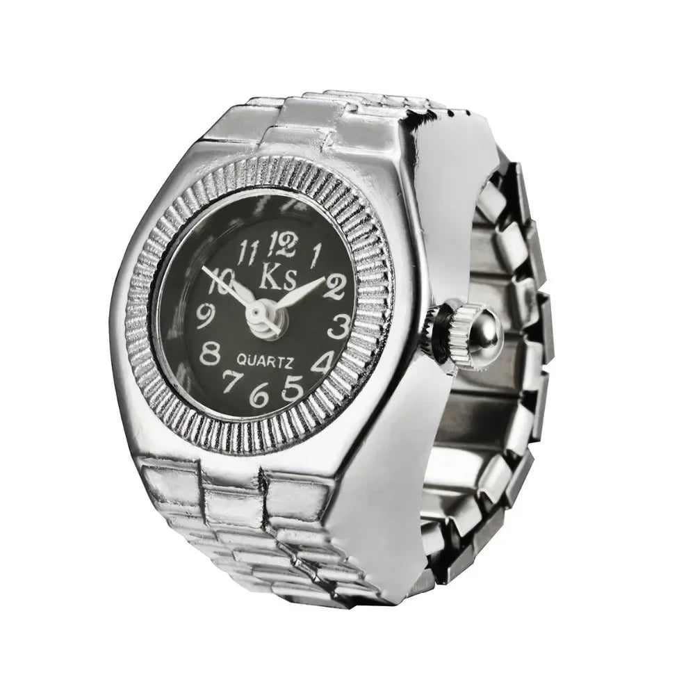 Colorful Watch Ring Men Retro Sliver Pointer Quartz Clock.
