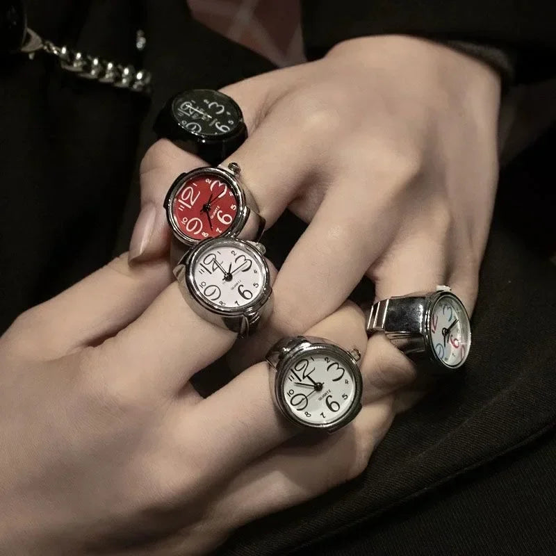 Colorful Watch Ring Men Retro Sliver Pointer Quartz Clock.