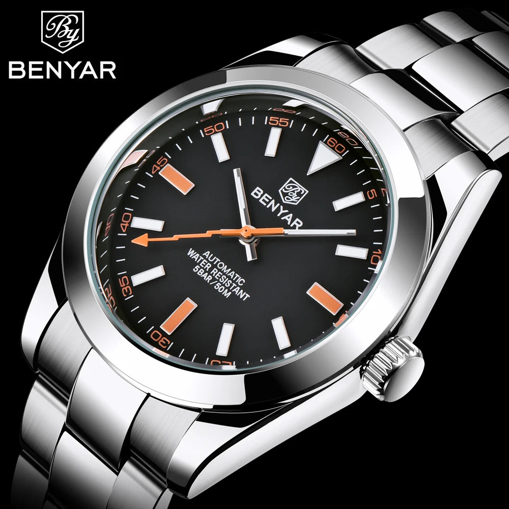 BENYAR Mens Watches Top Brand Luxury Mechanical Automatic Watch Men Stainless Steel Waterproof Business Wristwatch reloj hombre