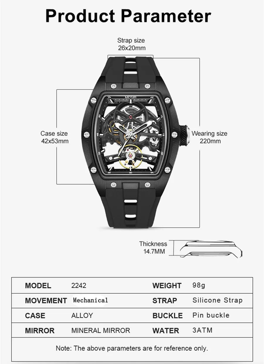 MEGIR Luxury Brand Sport Watch for Men Silicone Mechanical Watches Hollow Full Automatic Movement Luminous Wristwatch Clock 2242