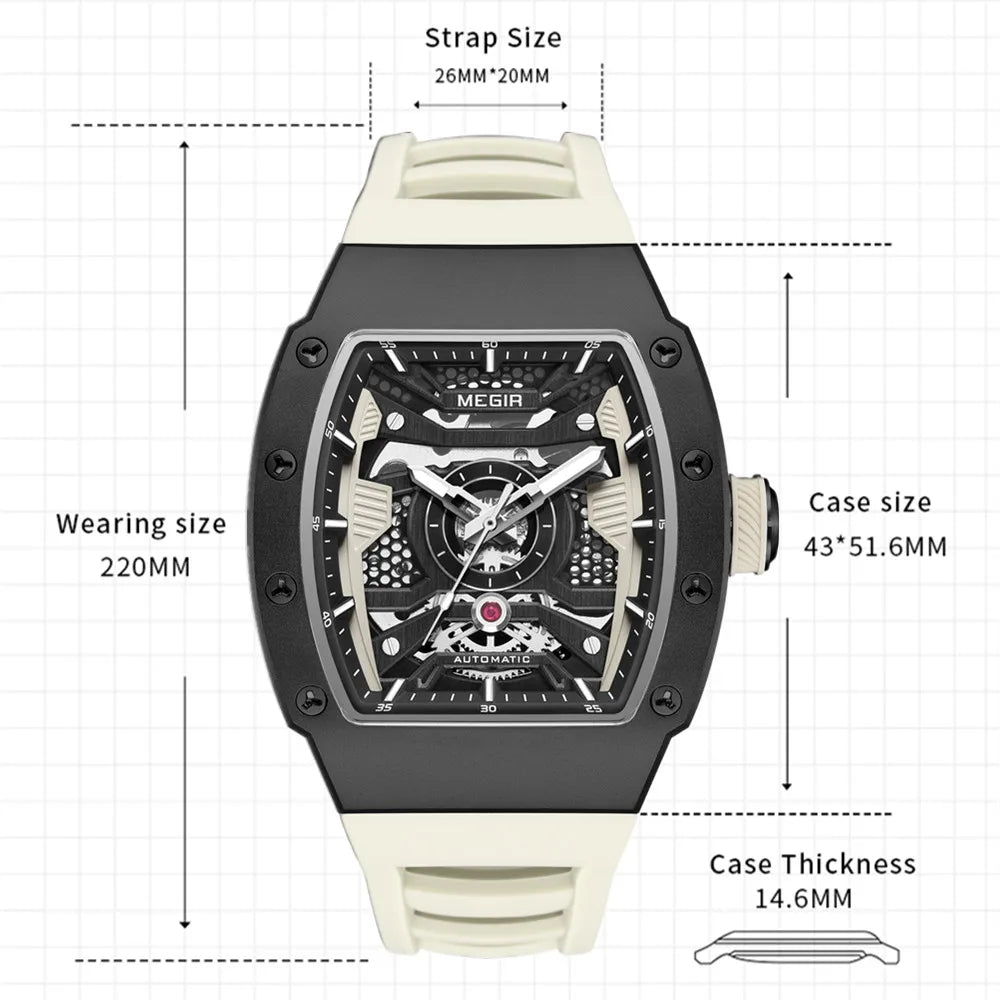 MEGIR Luxury Men's Automatic Mechanical Watch Waterproof Hollow Out Silicone Strap Sports Wristwatch Clock Reloj Hombre 8604