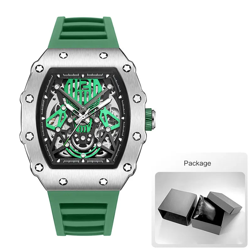 MEGIR & RUIMAS Green Automatic Watch for Men Fashion Sport Waterproof Mechanical Wristwatch with Silicone Strap Tonneau Dial 341