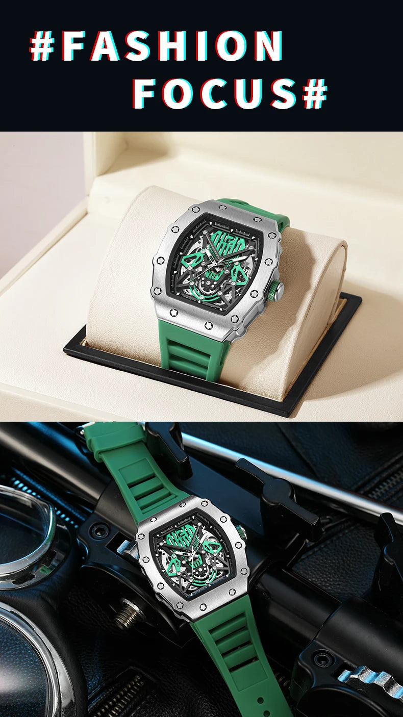 MEGIR & RUIMAS Green Automatic Watch for Men Fashion Sport Waterproof Mechanical Wristwatch with Silicone Strap Tonneau Dial 341