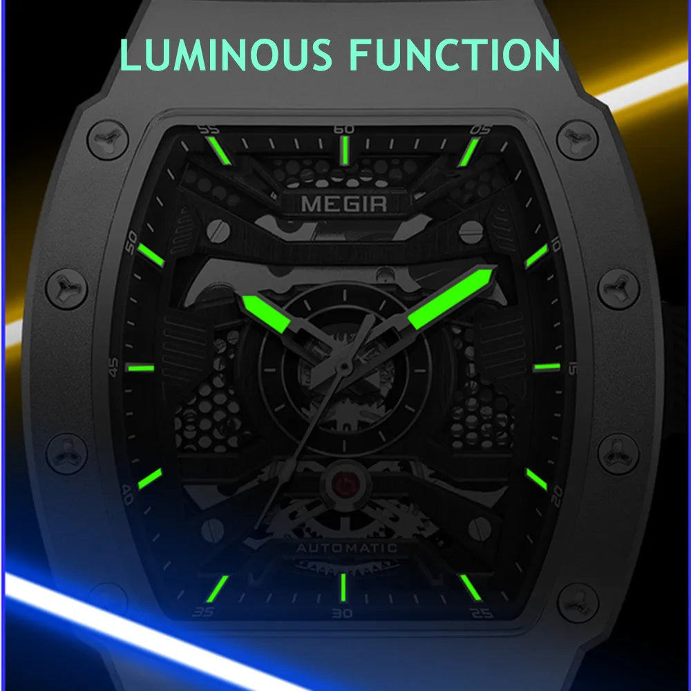 MEGIR Luxury Men's Automatic Mechanical Watch Waterproof Hollow Out Silicone Strap Sports Wristwatch Clock Reloj Hombre 8604