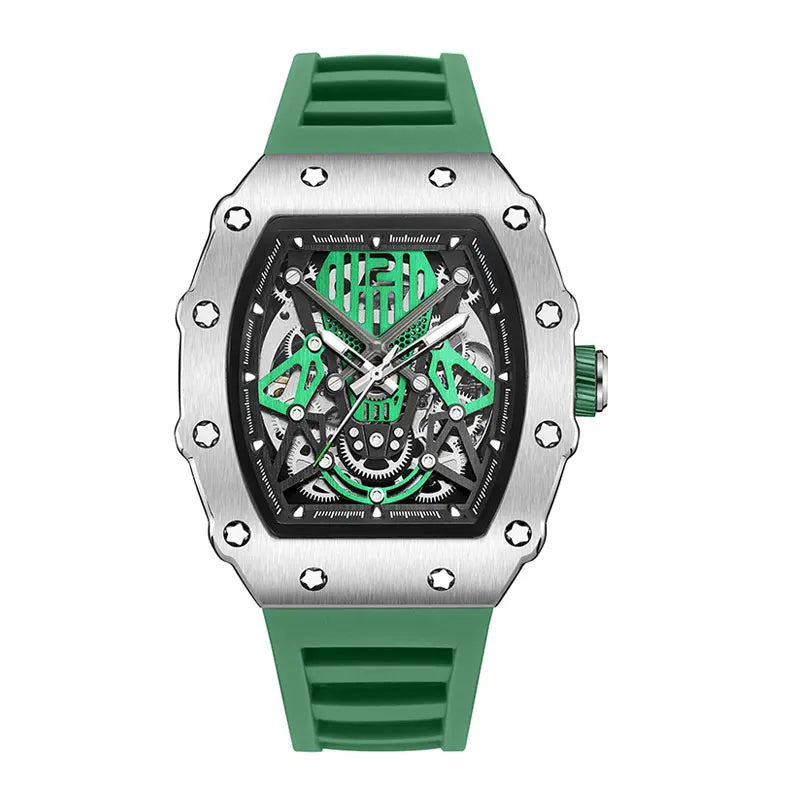 MEGIR & RUIMAS Green Automatic Watch for Men Fashion Sport Waterproof Mechanical Wristwatch with Silicone Strap Tonneau Dial 341