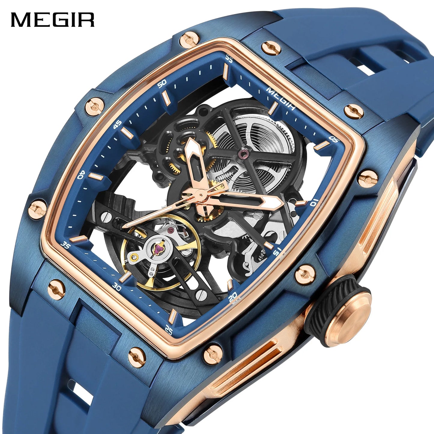 MEGIR Luxury Brand Sport Watch for Men Silicone Mechanical Watches Hollow Full Automatic Movement Luminous Wristwatch Clock 2242