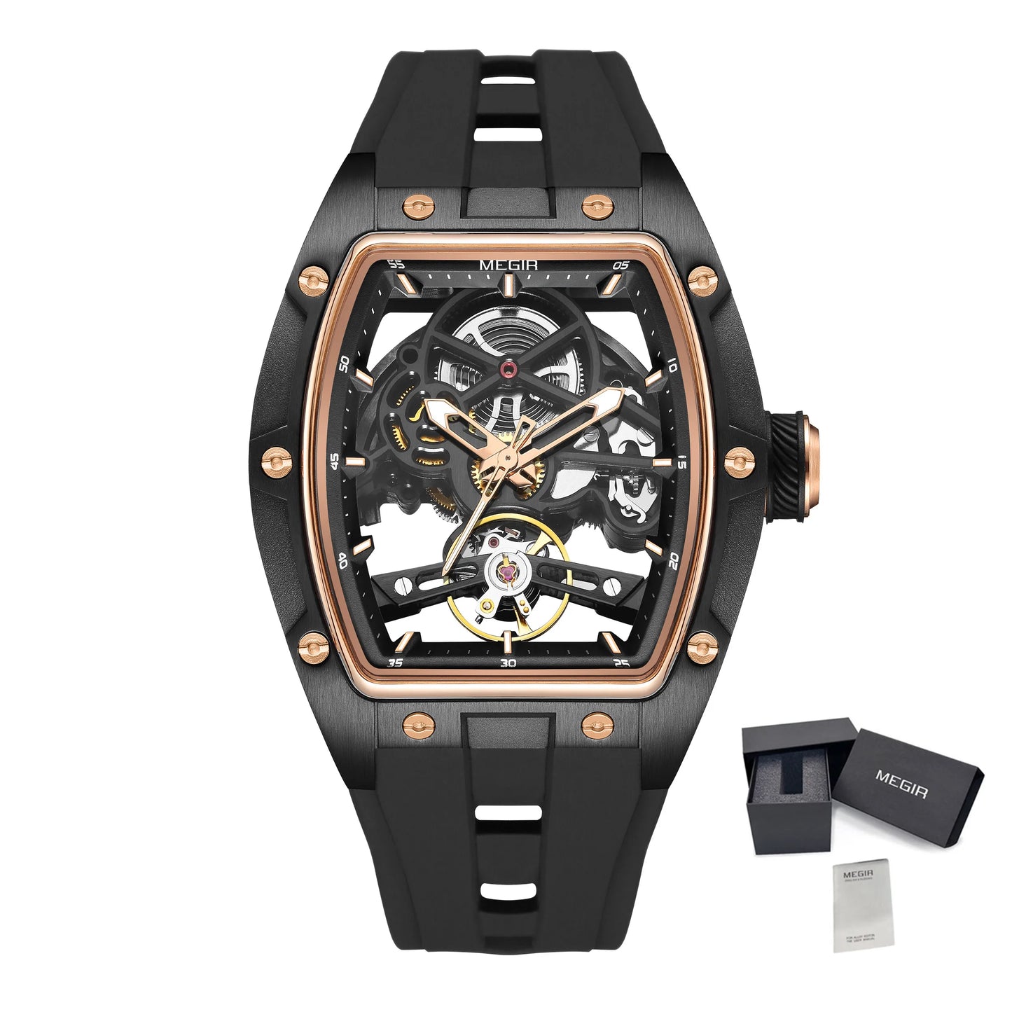 MEGIR Luxury Brand Sport Watch for Men Silicone Mechanical Watches Hollow Full Automatic Movement Luminous Wristwatch Clock 2242