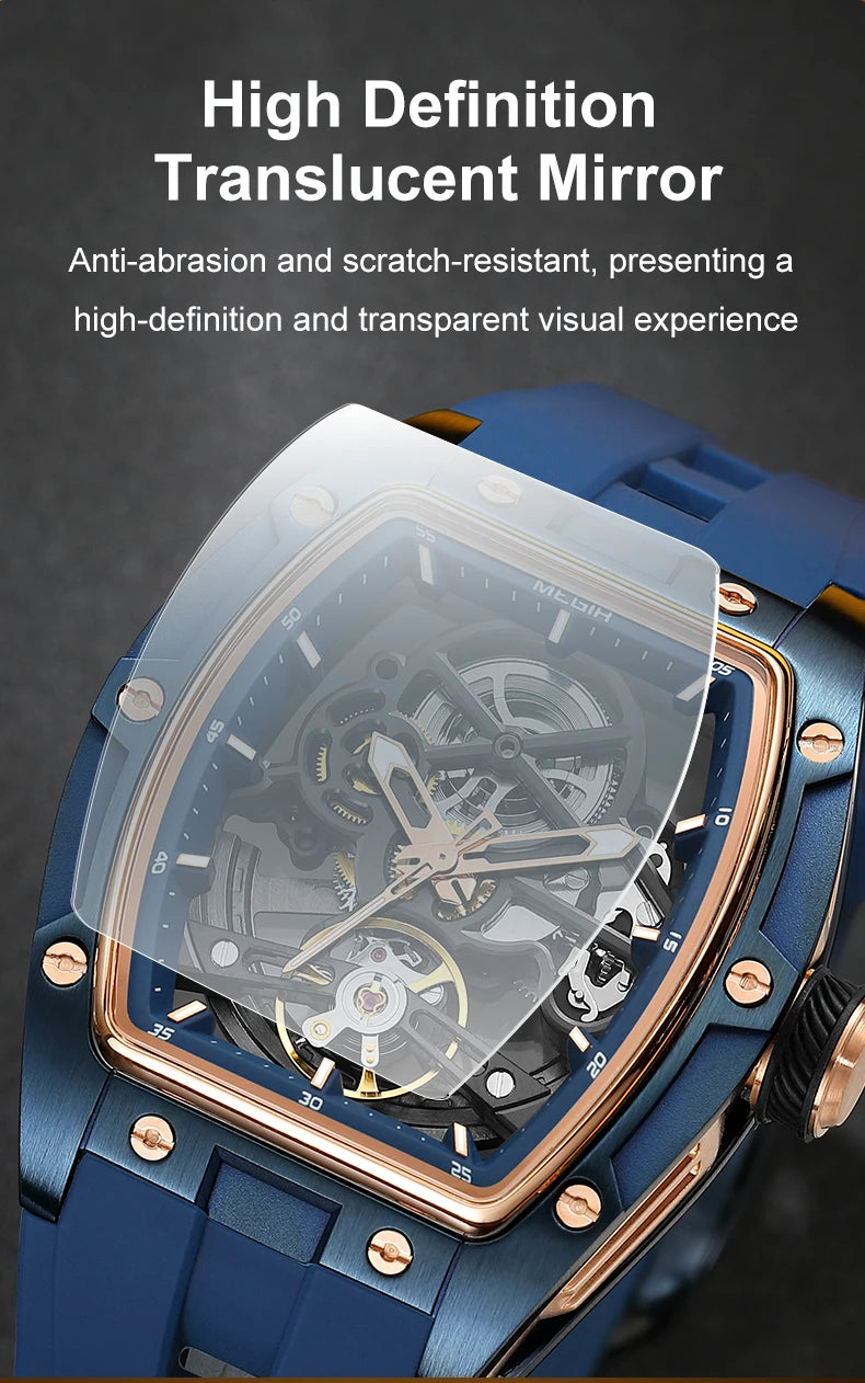 MEGIR Luxury Brand Sport Watch for Men Silicone Mechanical Watches Hollow Full Automatic Movement Luminous Wristwatch Clock 2242