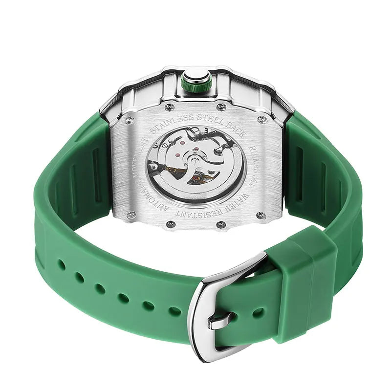 MEGIR & RUIMAS Green Automatic Watch for Men Fashion Sport Waterproof Mechanical Wristwatch with Silicone Strap Tonneau Dial 341