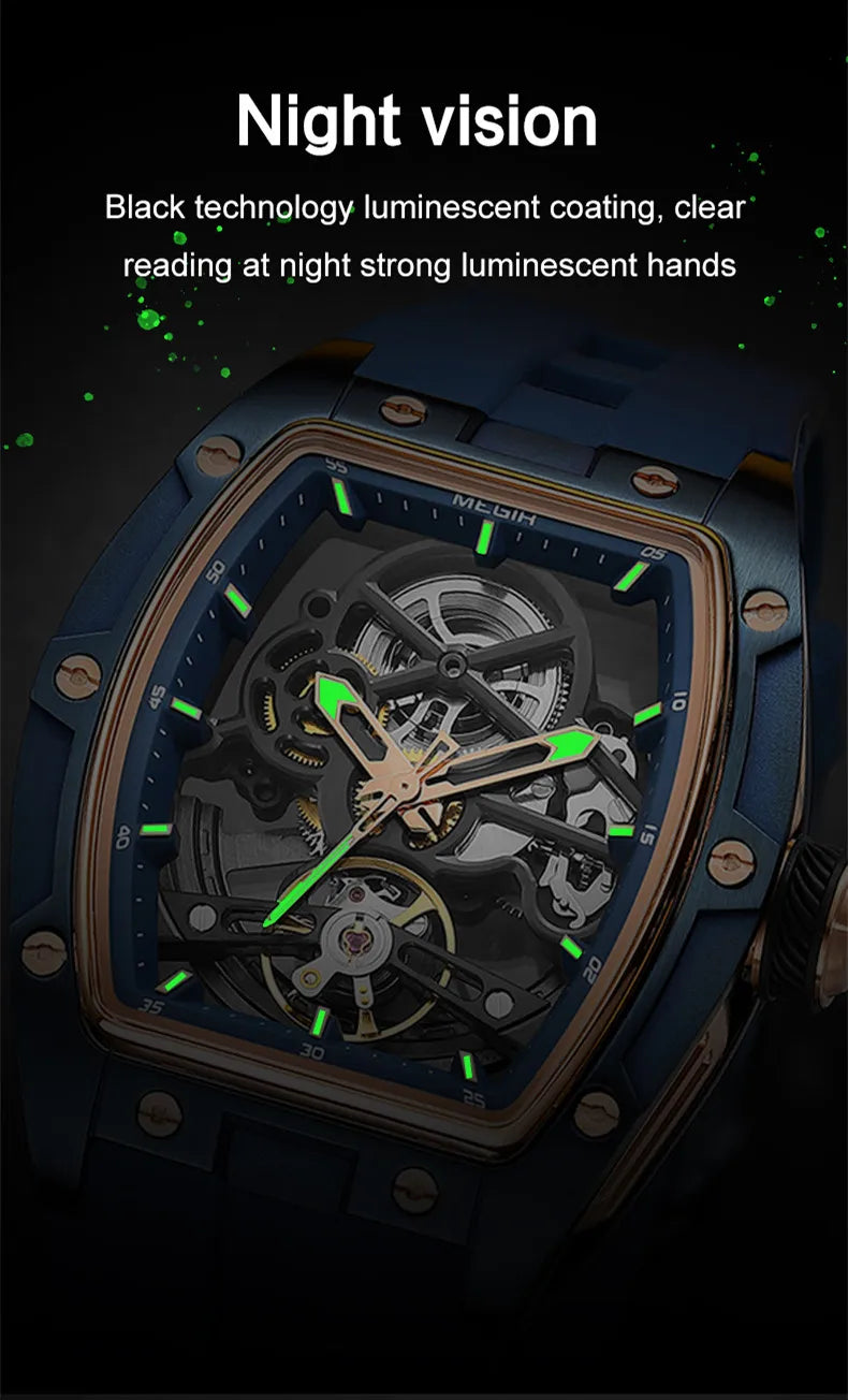 MEGIR Luxury Brand Sport Watch for Men Silicone Mechanical Watches Hollow Full Automatic Movement Luminous Wristwatch Clock 2242