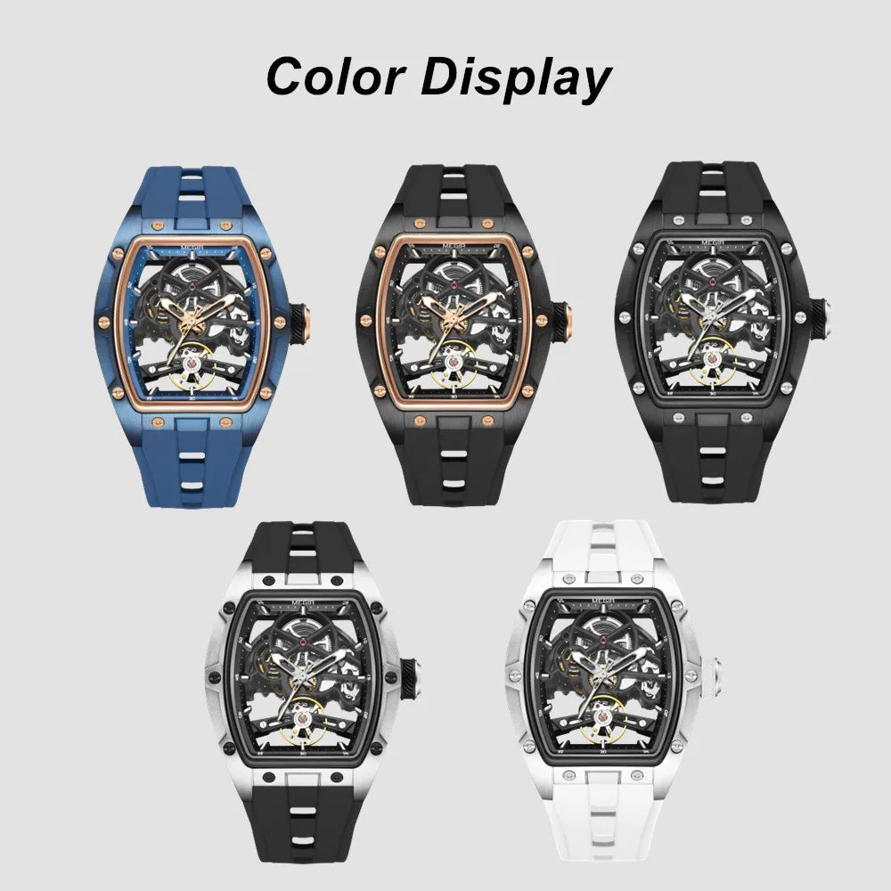 MEGIR Luxury Brand Sport Watch for Men Silicone Mechanical Watches Hollow Full Automatic Movement Luminous Wristwatch Clock 2242