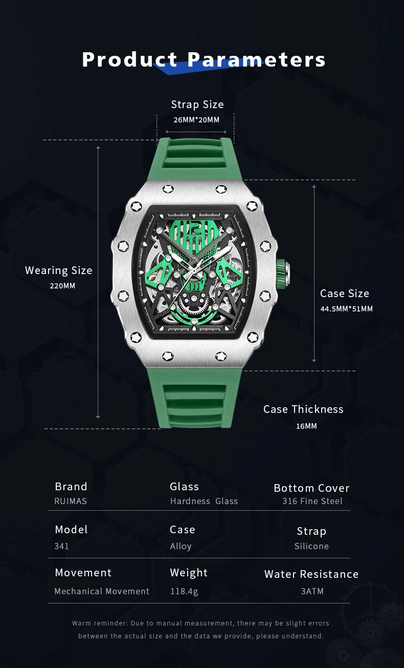 MEGIR & RUIMAS Green Automatic Watch for Men Fashion Sport Waterproof Mechanical Wristwatch with Silicone Strap Tonneau Dial 341