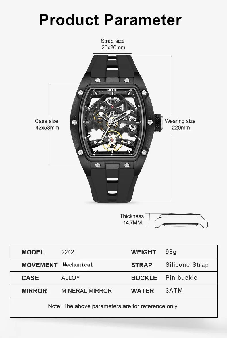 MEGIR Luxury Brand Sport Watch for Men Silicone Mechanical Watches Hollow Full Automatic Movement Luminous Wristwatch Clock 2242